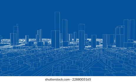 Outline city concept vector. Wire-frame style. The layers of visible and invisible lines. 3D illustration
