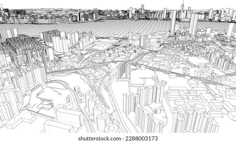 Outline city concept vector. Wire-frame style. The layers of visible and invisible lines. 3D illustration