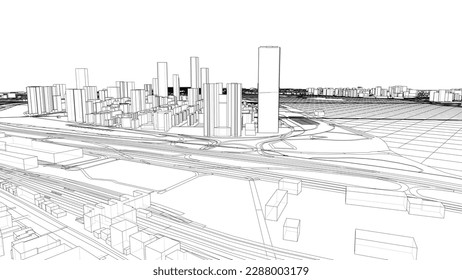Outline city concept vector. Wire-frame style. The layers of visible and invisible lines. 3D illustration