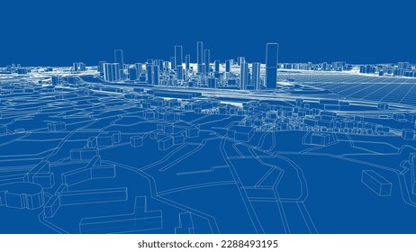 Outline city concept vector. Wire-frame style. The layers of visible and invisible lines. 3D illustration