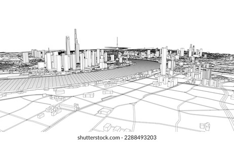 Outline city concept vector. Wire-frame style. The layers of visible and invisible lines. 3D illustration