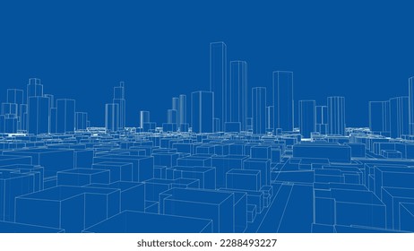 Umriss des Stadtkonzepts, Vektor. Wire-Frame-Stil. Die Schichten sichtbarer und unsichtbarer Linien. 3D-Illustration