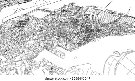Outline city concept vector. Wire-frame style. The layers of visible and invisible lines. 3D illustration