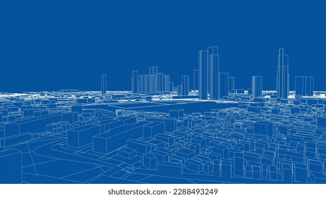 Outline city concept vector. Wire-frame style. The layers of visible and invisible lines. 3D illustration