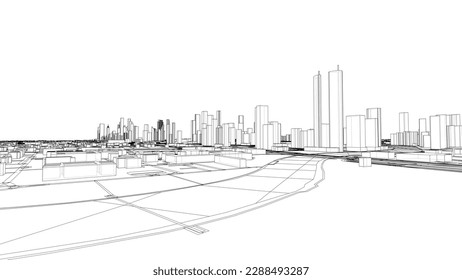 Outline city concept vector. Wire-frame style. The layers of visible and invisible lines. 3D illustration