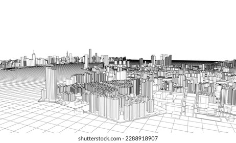 Outline city concept vector. Wire-frame style. The layers of visible and invisible lines. 3D illustration