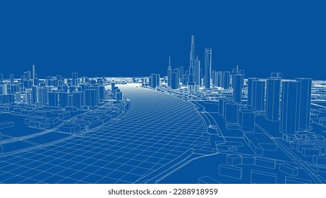 Outline city concept vector. Wire-frame style. The layers of visible and invisible lines. 3D illustration