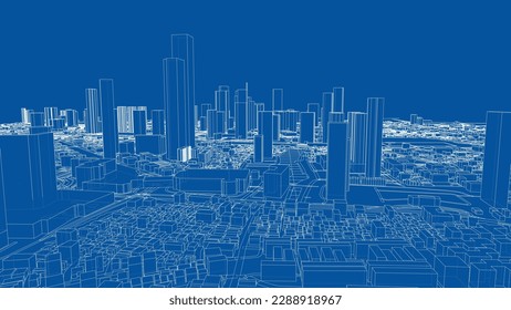 Outline city concept vector. Wire-frame style. The layers of visible and invisible lines. 3D illustration