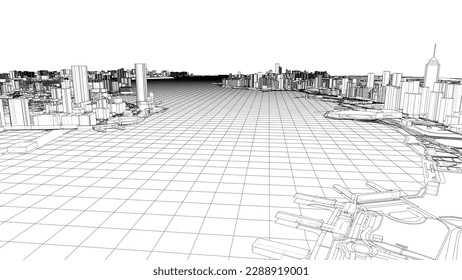Umriss des Stadtkonzepts, Vektor. Wire-Frame-Stil. Die Schichten sichtbarer und unsichtbarer Linien. 3D-Illustration