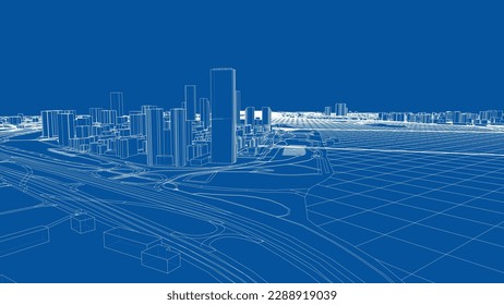 Outline city concept vector. Wire-frame style. The layers of visible and invisible lines. 3D illustration