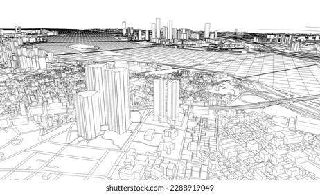 Outline city concept vector. Wire-frame style. The layers of visible and invisible lines. 3D illustration