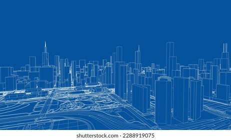 Umriss des Stadtkonzepts, Vektor. Wire-Frame-Stil. Die Schichten sichtbarer und unsichtbarer Linien. 3D-Illustration