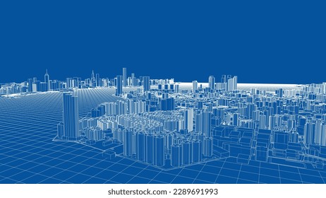 Esquema de vector de concepto de ciudad. Estilo de marco de cables. Las capas de líneas visibles e invisibles. ilustración 3D
