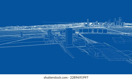 Outline city concept vector. Wire-frame style. The layers of visible and invisible lines. 3D illustration