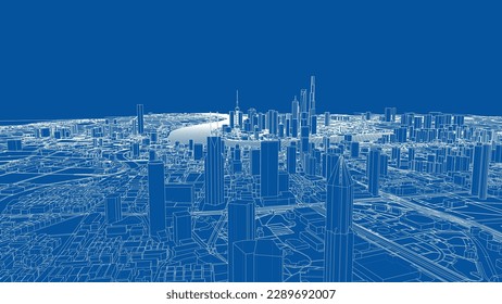 Outline city concept vector. Wire-frame style. The layers of visible and invisible lines. 3D illustration