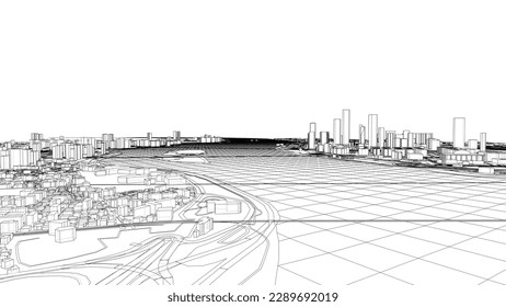 Outline city concept vector. Wire-frame style. The layers of visible and invisible lines. 3D illustration