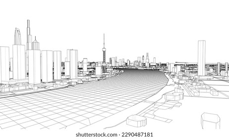 Outline city concept vector. Wire-frame style. The layers of visible and invisible lines. 3D illustration