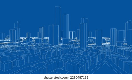 Outline city concept vector. Wire-frame style. The layers of visible and invisible lines. 3D illustration