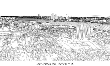 Outline city concept vector. Wire-frame style. The layers of visible and invisible lines. 3D illustration