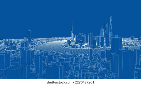 Outline city concept vector. Wire-frame style. The layers of visible and invisible lines. 3D illustration