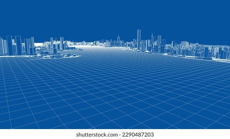 Esquema de vector de concepto de ciudad. Estilo de marco de cables. Las capas de líneas visibles e invisibles. ilustración 3D