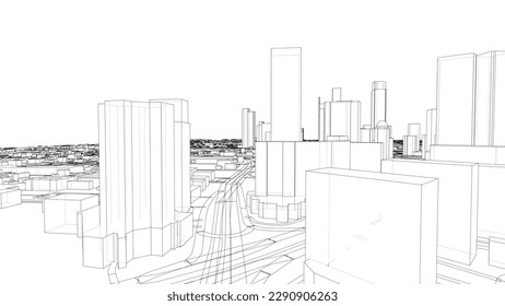 Outline city concept vector. Wire-frame style. The layers of visible and invisible lines. 3D illustration