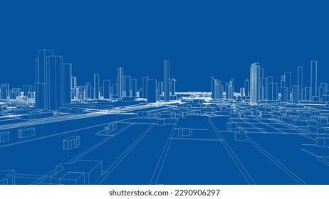 Esquema de vector de concepto de ciudad. Estilo de marco de cables. Las capas de líneas visibles e invisibles. ilustración 3D