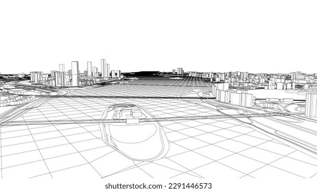 Outline city concept vector. Wire-frame style. The layers of visible and invisible lines. 3D illustration