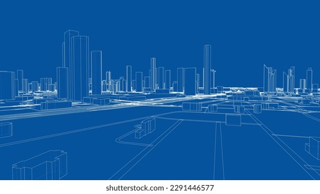 Outline city concept vector. Wire-frame style. The layers of visible and invisible lines. 3D illustration