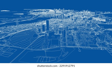 Outline city concept vector. Wire-frame style. The layers of visible and invisible lines. 3D illustration