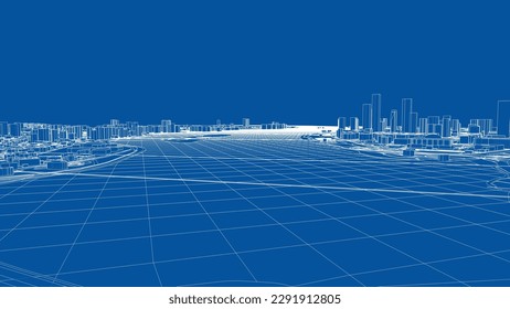 Outline city concept vector. Wire-frame style. The layers of visible and invisible lines. 3D illustration