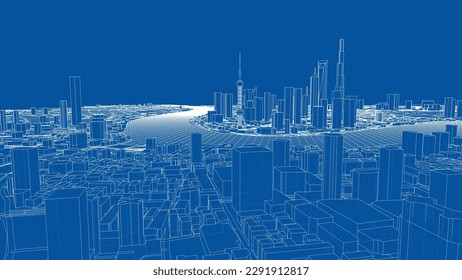 Outline city concept vector. Wire-frame style. The layers of visible and invisible lines. 3D illustration