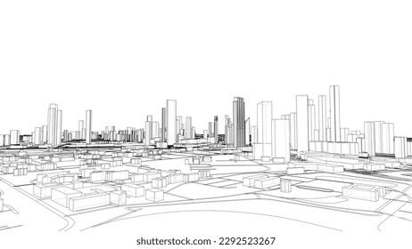 Esquema de vector de concepto de ciudad. Estilo de marco de cables. Las capas de líneas visibles e invisibles. ilustración 3D