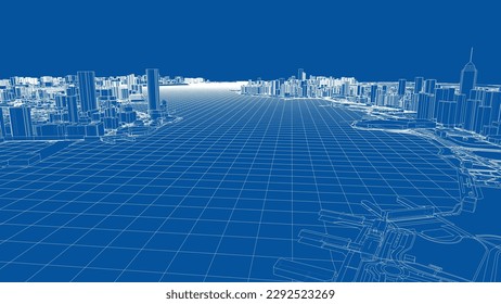 Outline city concept vector. Wire-frame style. The layers of visible and invisible lines. 3D illustration