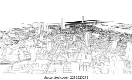 Outline city concept vector. Wire-frame style. The layers of visible and invisible lines. 3D illustration