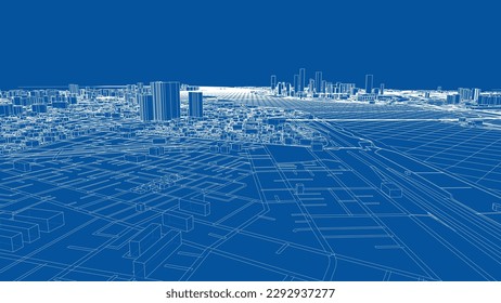 Outline city concept vector. Wire-frame style. The layers of visible and invisible lines. 3D illustration