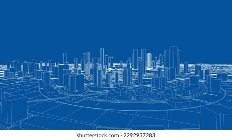 Outline city concept vector. Wire-frame style. The layers of visible and invisible lines. 3D illustration