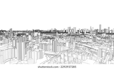 Outline city concept vector. Wire-frame style. The layers of visible and invisible lines. 3D illustration