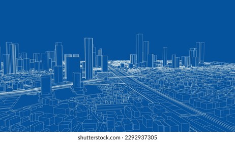 Outline city concept vector. Wire-frame style. The layers of visible and invisible lines. 3D illustration