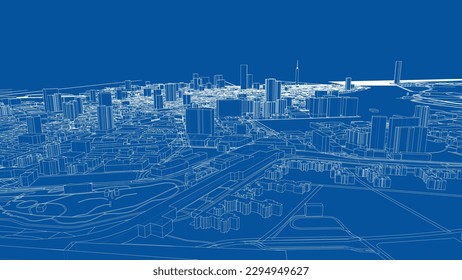 Esquema de vector de concepto de ciudad. Estilo de marco de cables. Las capas de líneas visibles e invisibles. ilustración 3D