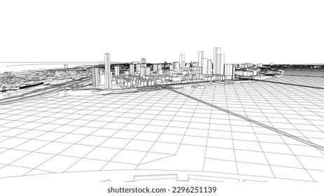Outline city concept vector. Wire-frame style. The layers of visible and invisible lines. 3D illustration