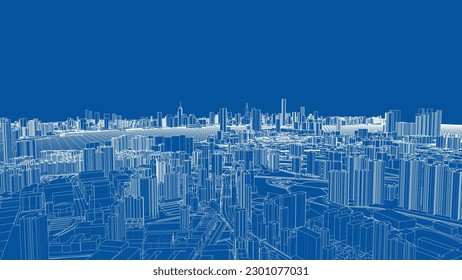 Outline city concept vector. Wire-frame style. The layers of visible and invisible lines. 3D illustration