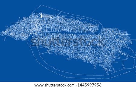 Outline city concept vector. Wire-frame style. The layers of visible and invisible lines. 3D illustration