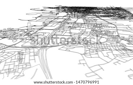 Outline city concept vector. Wire-frame style. The layers of visible and invisible lines. 3D illustration