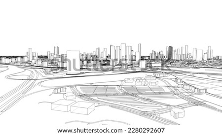 Outline city concept vector. Wire-frame style. The layers of visible and invisible lines. 3D illustration