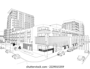 Outline of the city with houses, streets and cars from black lines isolated on a white background. Perspective view. 3D. Vector illustration.