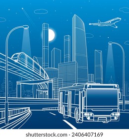 Outline city illustration. Bus moving on highway. Railroad bridge. Car overpass. Train rides. City Infrastructure and transport image. Urban scene. Ve