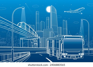 Outline city illustration. Bus moving on highway. Railroad bridge. Car overpass. Train rides. City Infrastructure and transport image. Urban scene