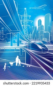 Outline city illustration. Neon glow town life image. Railroad bridge. Car overpass. Train rides. City Infrastructure and transport, urban scene. Vector design art. White lines on blue background