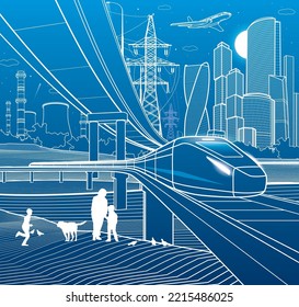 Outline city illustration. Railroad bridge. Car overpass. Train rides. City Infrastructure and transport image. Urban scene. Vector design art. White lines on blue background